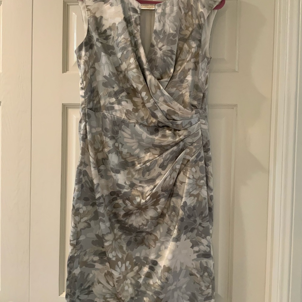 Gray and White Ruched Wrap Midi Cocktail Dress